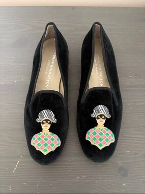 Stubbs & Wootton Black Velvet Loafers Embroidered Masked Harlequin Flats Size 7
